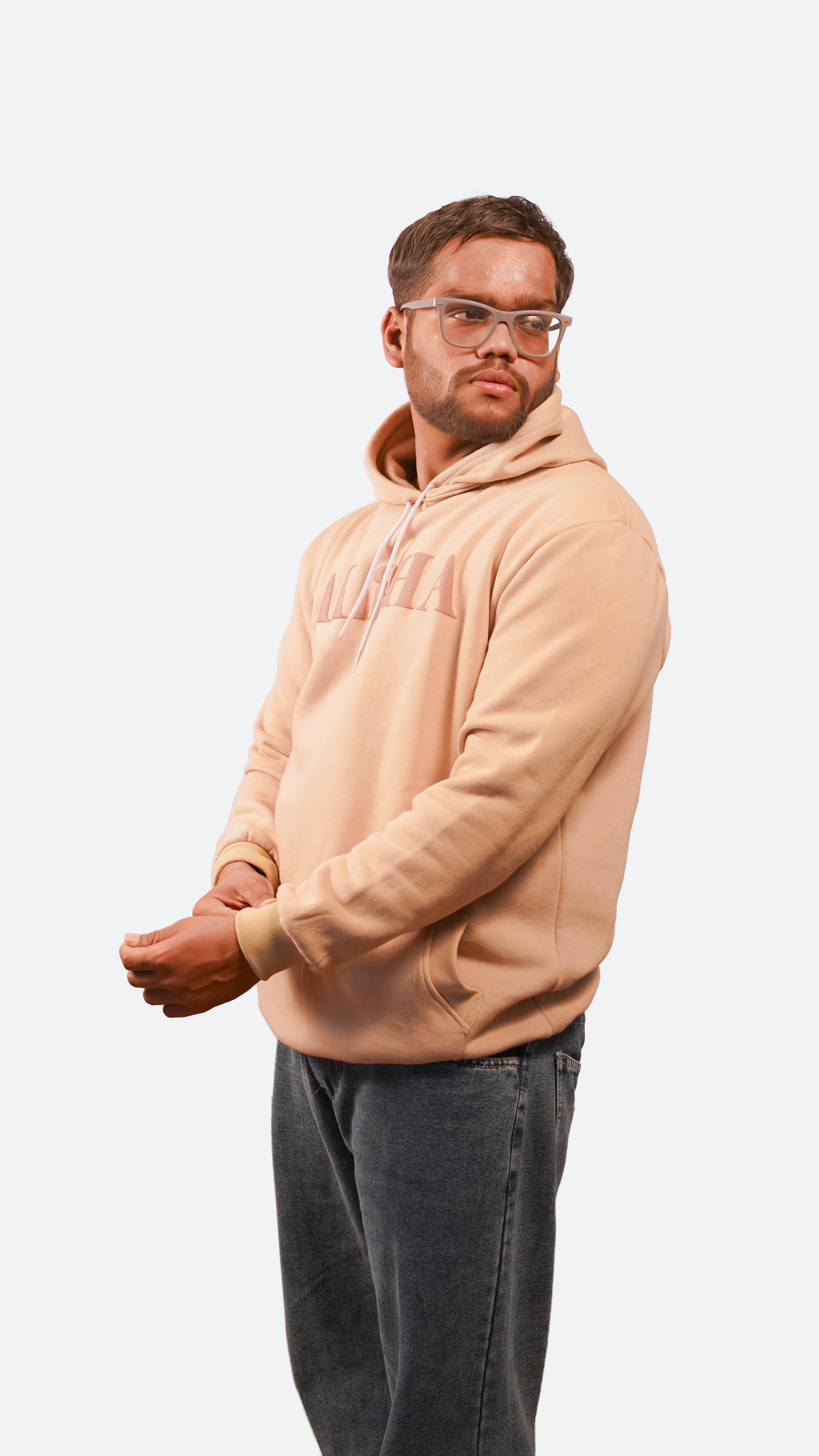 Alpha Athleete: Model highlights relaxed style in Beige oversized hoodie, perfect for casual moments and self-expression.
